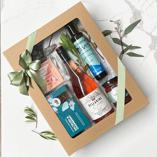 Best Mates hamper with Bellarine Estate First Blush Rosé, Red Leicester cheese, tomato relish, quince paste, Mount Moriac olive oil and artisan crackers Geelong delivery