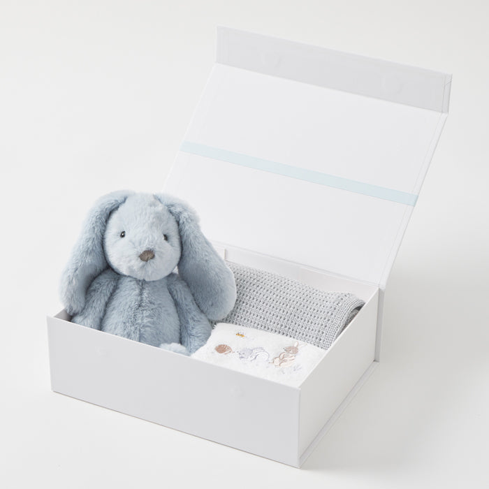 Blue Bunny baby hamper gift set with plush bunny, grey cotton blanket and baby face washer in white keepsake gift box with blue ribbon Geelong delivery
