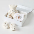 Cream Teddy baby gift set with I Love You Very Much bear, matching booties and face washer in white keepsake gift box Geelong delivery