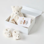 Cream Teddy baby gift set with I Love You Very Much bear, matching booties and face washer in white keepsake gift box Geelong delivery