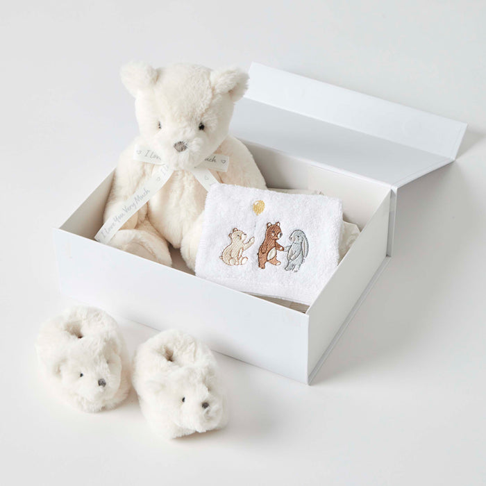 Cream Teddy baby gift set with I Love You Very Much bear, matching booties and face washer in white keepsake gift box Geelong delivery
