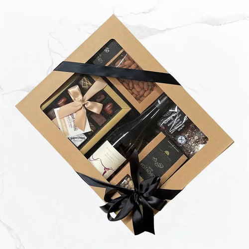 Red Wine & Nibbles hamper with Dinny Goonan Single Vineyard Shiraz, salted pistachios, smoked almonds, rocky road and Australian made Belgian chocolates, same day delivery Geelong