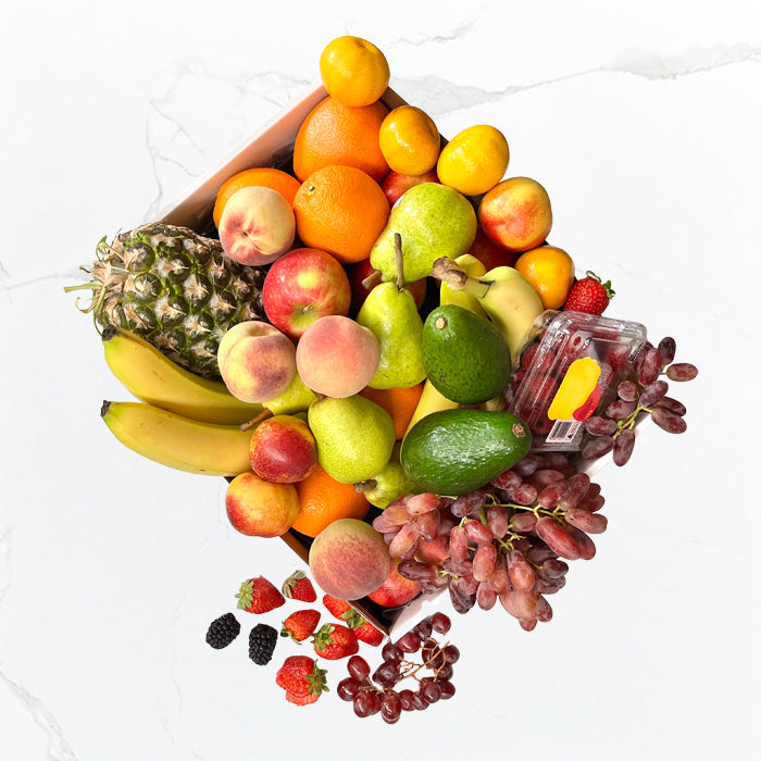 Fruitalicious fresh seasonal fruit hamper in white gift box with bright bow Geelong same day delivery