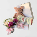 Freya baby hamper set with pink bunny, zig zag knit blanket and fresh flowers in glass vase in white gift box Geelong delivery