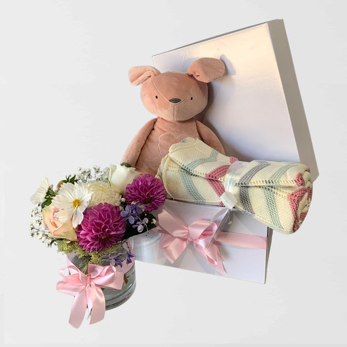 Freya baby hamper set with pink bunny, zig zag knit blanket and fresh flowers in glass vase in white gift box Geelong delivery
