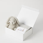 Grey Bunny baby hamper gift set with plush bunny, grey cotton blanket and face washer in white keepsake gift box with grey ribbon Geelong delivery