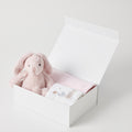 Pink Bunny baby hamper gift set with plush bunny, pink cotton blanket and face washer in white keepsake gift box with pink ribbon Geelong delivery