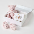 Pink Teddy baby hamper gift set with I Love You Very Much bear, matching booties and face washer in white keepsake gift box with pink ribbon Geelong delivery