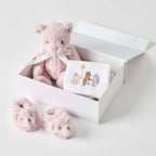 Pink Teddy baby hamper gift set with I Love You Very Much bear, matching booties and face washer in white keepsake gift box with pink ribbon Geelong delivery