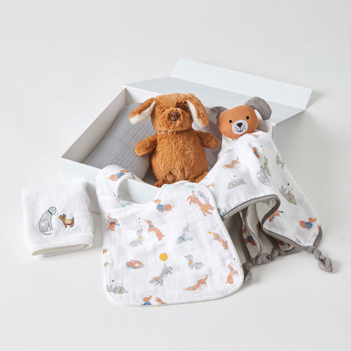 Puppy baby hamper gift set with rattle, comforter, bib, face washer and grey cotton blanket in white keepsake gift box Geelong delivery