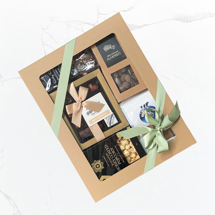 Sugar & Smiles chocolate hamper with Australian chocolates, Bellarine Rocky Road, Timboon fudge, chocolate coated almonds and honey popcorn