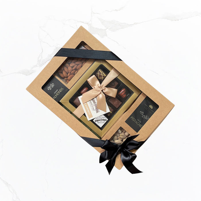 Just Because gourmet hamper with salted pistachios, smoked almonds and Belgian chocolate assortment, same day delivery Geelong