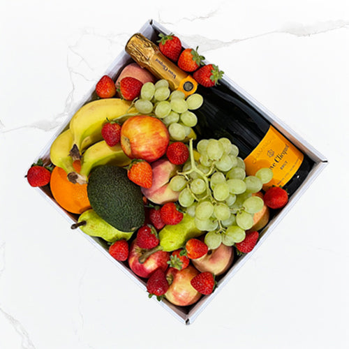 Good Life hamper with Veuve Clicquot champagne and fresh seasonal fruit in a white gift box with ribbon Geelong delivery
